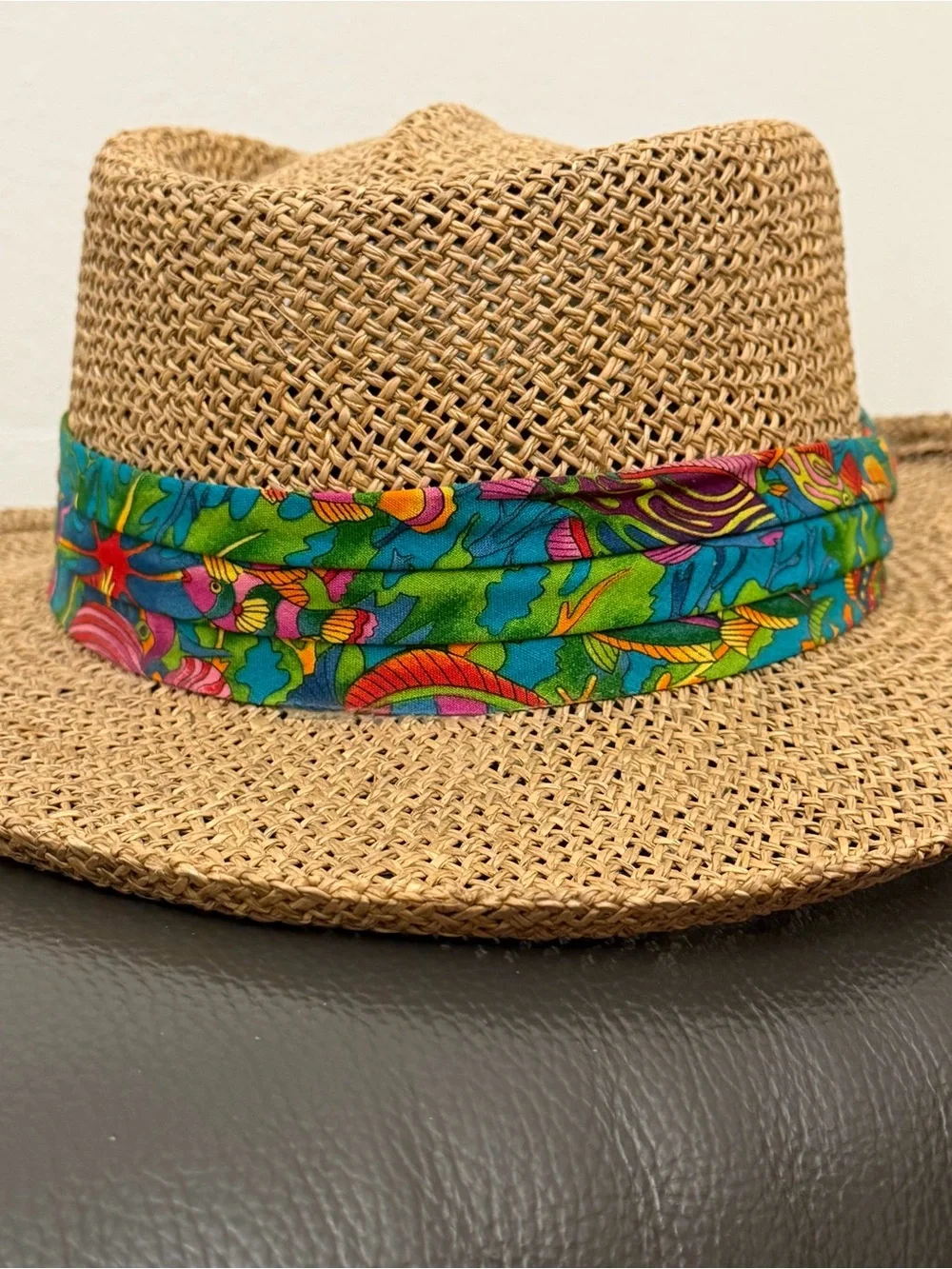 Summer Club Australian Styled Straw Panama Hat Colorful Green Blue Fabric Band L